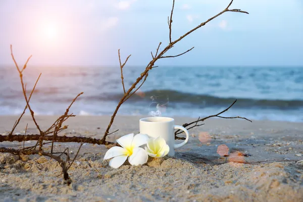 Café en la playa y flor de frangipani . — Foto de Stock