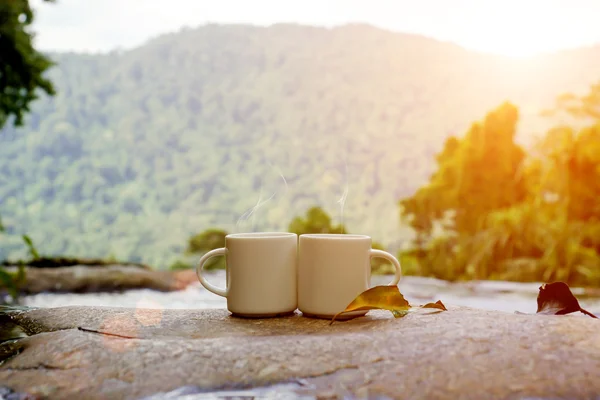 茶点和咖啡在瀑布的岩石上. — 图库照片
