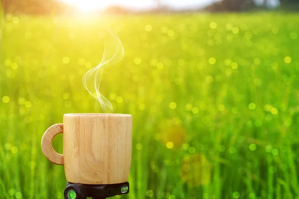 Morning coffee and green grass background. — Stock Photo, Image