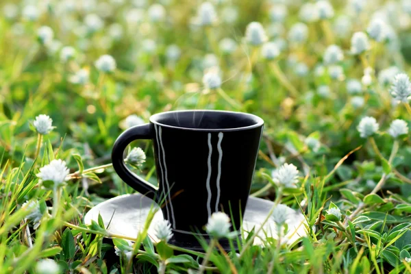 Rano kawa z kubek kwiat trawa tło. — Zdjęcie stockowe