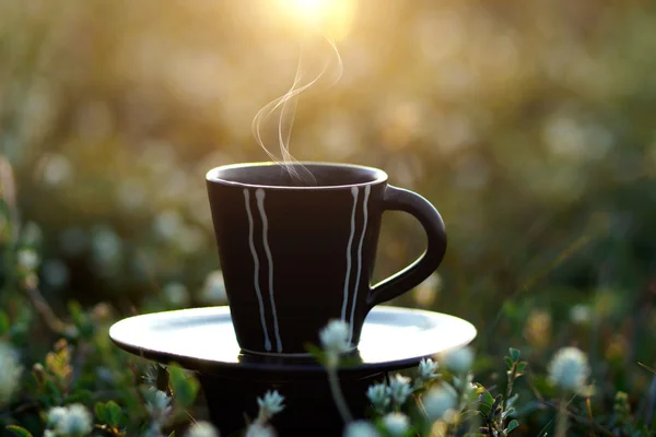Πρωινός καφές με μαύρο Κύπελλο στο παρασκήνιο γρασίδι λουλούδι. — Φωτογραφία Αρχείου