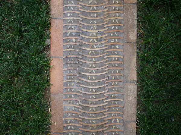 Chinese Brick Walkway Grass Sides — Stock Photo, Image