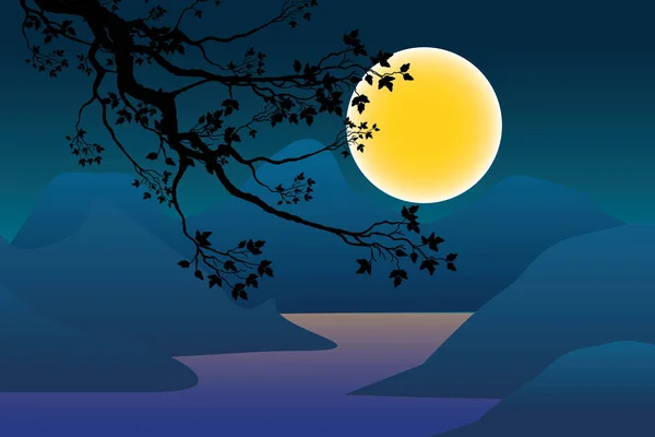 Абстрактное Силуэт Дерево Ночном Виде Голубой Монумент Полная Луна Голубом — стоковый вектор