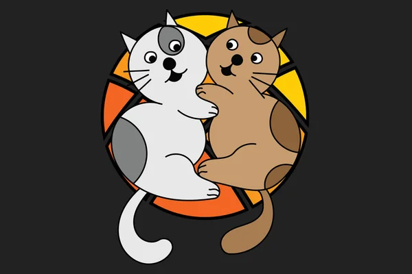 Две Кошки Обнимаются Кругу Темно Сером Фоне — стоковый вектор