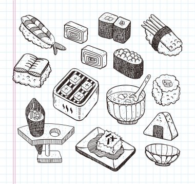 Doodle Japon gıda simge seti