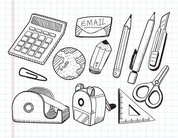 Iconos de papelería doodle — Vector de stock
