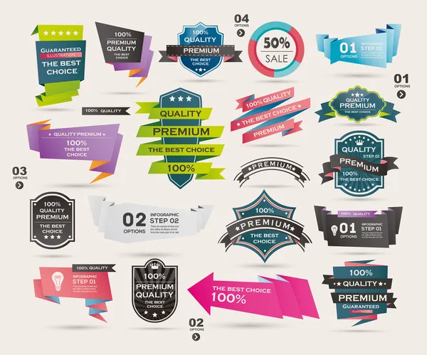 retro şeritler ve Etiketler, origami afiş, vektör çizim seti