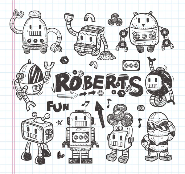 Set van doodle robot pictogrammen, illustrator lijn tools drawin — Stockvector