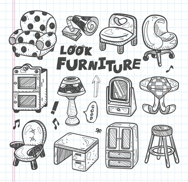 Doodle meubilair pictogrammen — Stockvector
