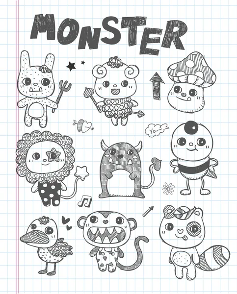 Doodle aranyos monster ikonok — Stock Vector