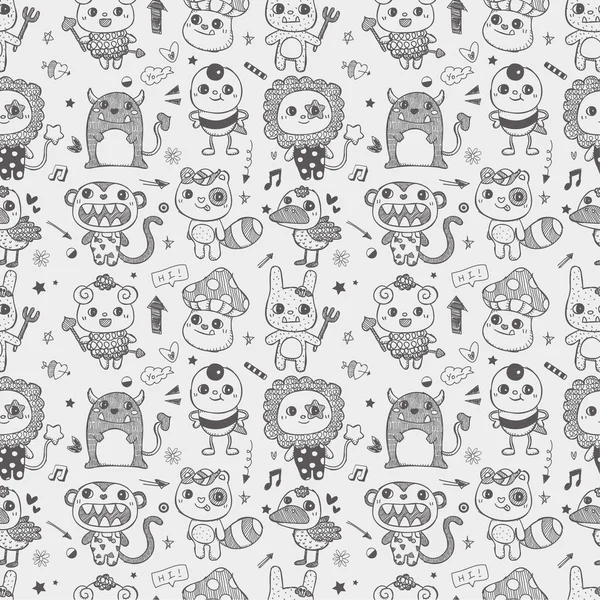 Seamless cute doodle monster pattern background — Stock Vector