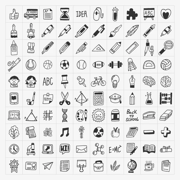 100 zurück zur Schule Doodle Hand-Draw Icon Set — Stockvektor