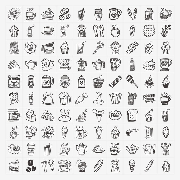 100 doodle coffee element icons set