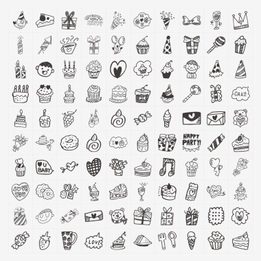 100 doodle doğum günü partisi Icons set