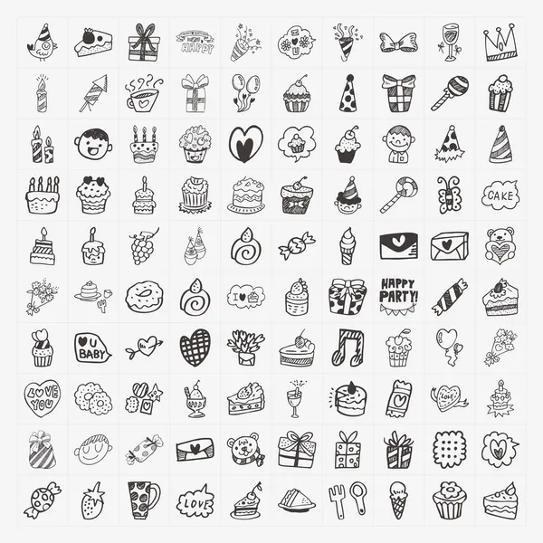 100 Doodle Conjunto de iconos de fiesta de cumpleaños — Vector de stock