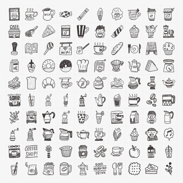 100 doodle coffee element icons set