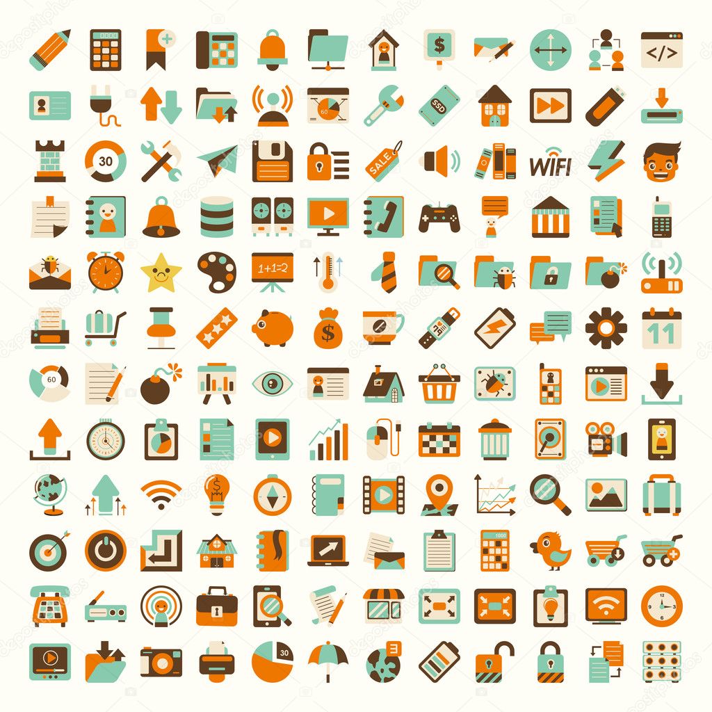 Retro flat network icon set