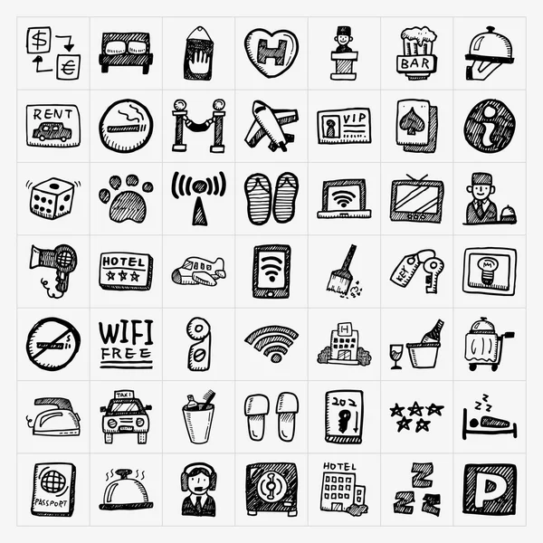 Doodle hotel icons set — Stock Vector