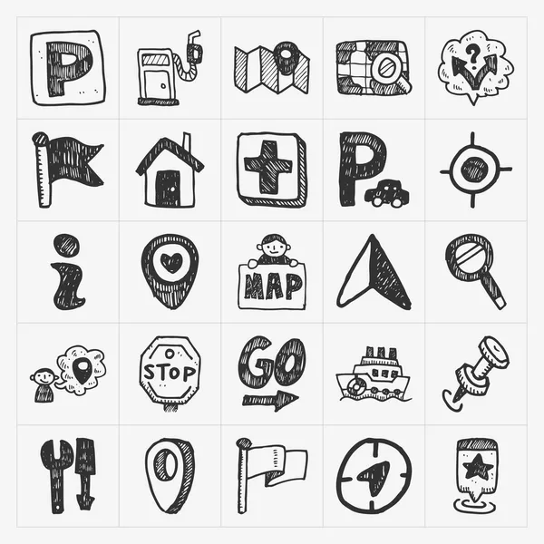 Doodle kaartpictogrammen gps locatie instellen — Stockvector