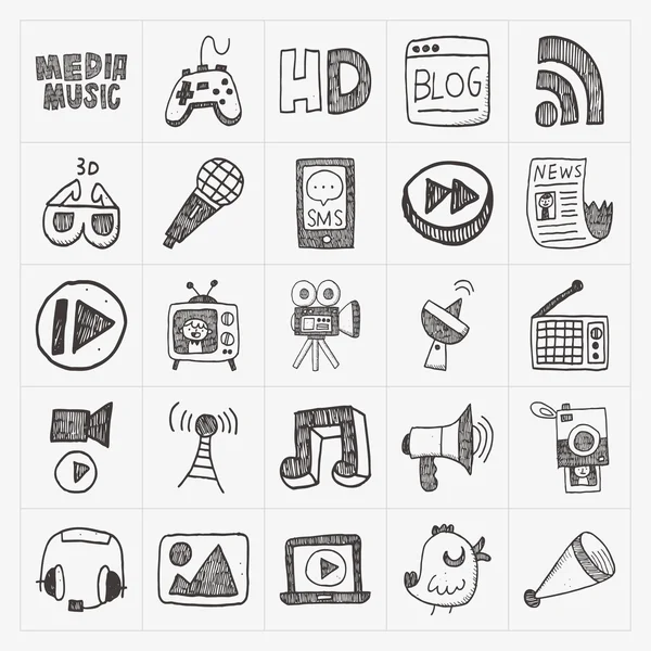 Doodle media icons set — Stock Vector