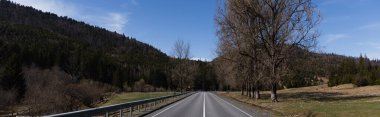 Boş yol, dağlar ve arka planda gökyüzü olan ağaçlar, afiş 