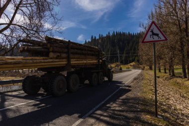 Dağlarda yol tabelasının yakınındaki yolda tahta kütükleri olan bir kamyon. 