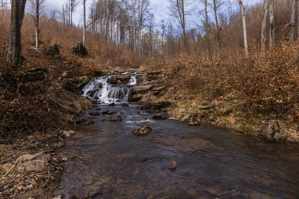 Stones in mountain creek in autumn forest 