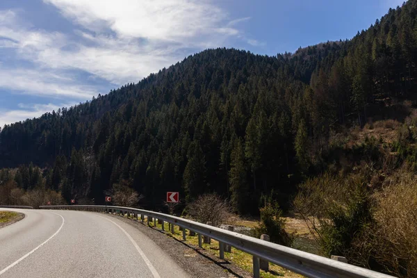 Mountains and forest near empty road at daytime 