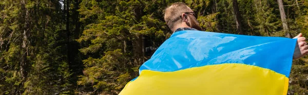 Mann Mit Ukrainischer Fahne Wald Banner — Stockfoto