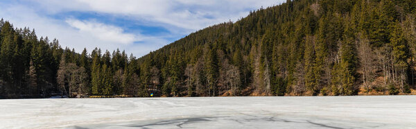 Mountains with forest near frozen lake with ice, banner 