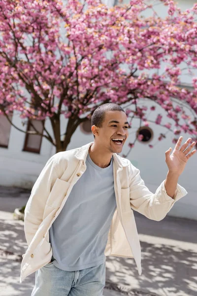 young african american man in shirt jacket waving hand near cherry tree