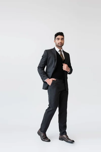 Full Length Muslim Groom Formal Wear Standing Hand Pocket Grey — Stock Photo, Image