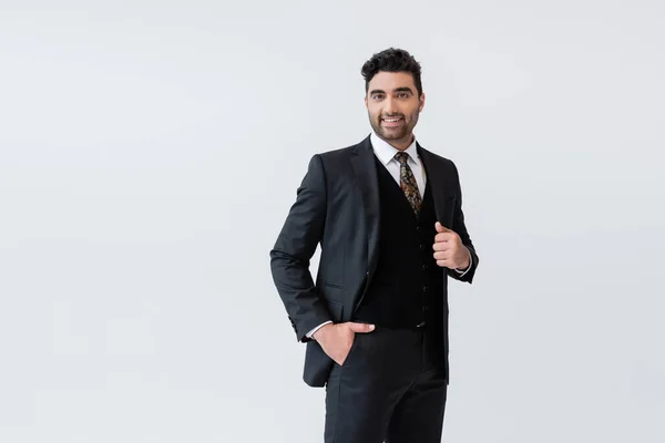 Happy Muslim Man Formal Wear Standing Hand Pocket Isolated Grey — Stock Photo, Image