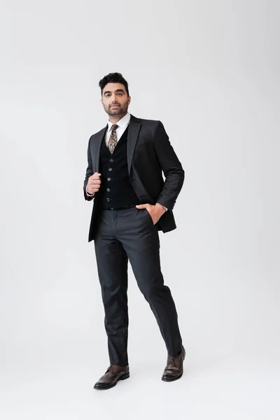 Full Length Muslim Man Formal Wear Standing Hand Pocket Grey — Stock Photo, Image