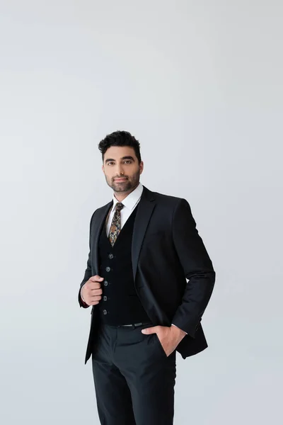 Muslim Man Formal Wear Standing Hand Pocket Isolated Grey — Stock Photo, Image