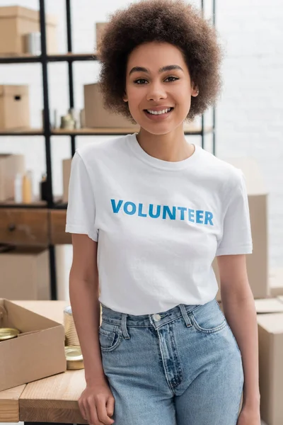 Happy African American Woman Shirt Volunteer Lettering Looking Camera Charity — Zdjęcie stockowe