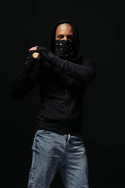 African American Hooligan Gloves Face Mask Holding Baseball Bat Isolated — Stockfoto