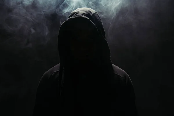 Silhouette Hooligan Hood Black Background Smoke — Stock Photo, Image