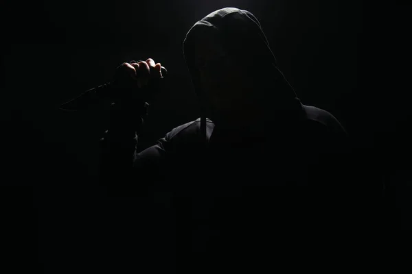 Silhouette Bandit Hoodie Holding Knife Isolated Black — Stock Photo, Image