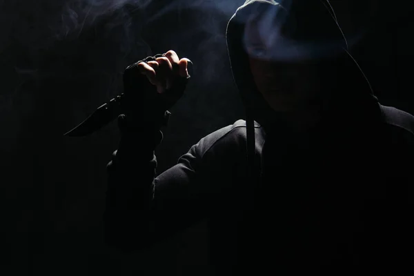 Silhouette African American Bandit Hood Holding Knife Black Background Smoke — Fotografia de Stock