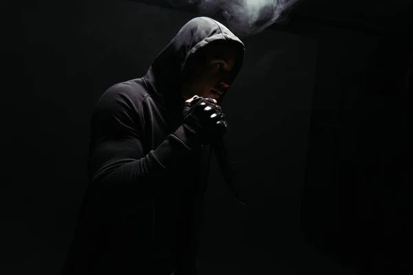 Silhouette African American Bandit Holding Knife Black Background Smoke — Stock Photo, Image