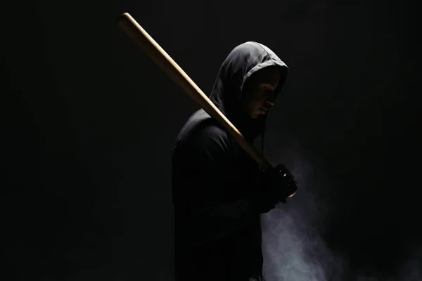 Side View African American Bandit Hood Holding Wooden Baseball Bat — Fotografia de Stock