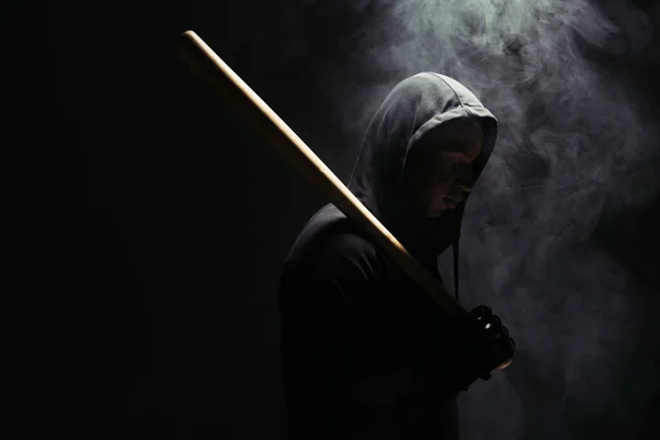 Side View African American Hooligan Holding Baseball Bat Lighting Black — Foto de Stock