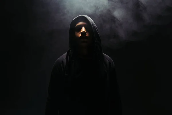 African American Hooligan Hoodie Standing Black Background Smoke — ストック写真