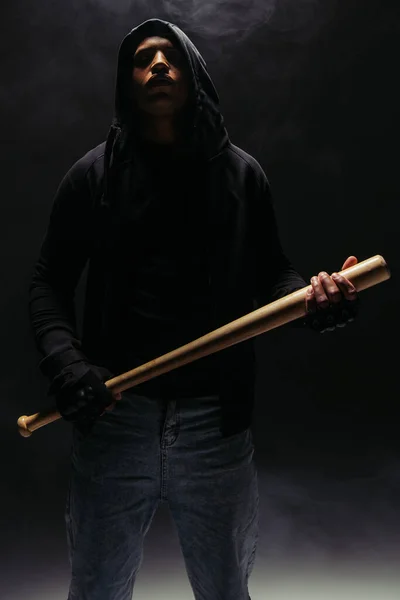 African American Bandit Hood Holding Baseball Bat Black Background Smoke — Foto de Stock