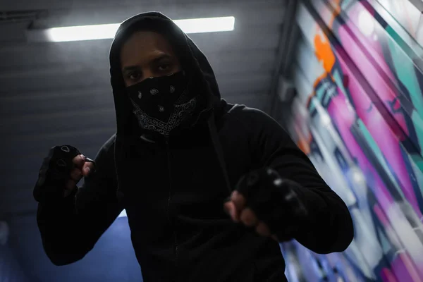 Low Angle View African American Bandit Mask Standing Fighting Pose — Stock Photo, Image