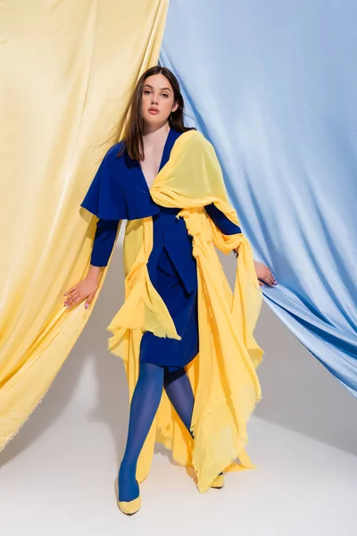 Full Length Stylish Ukrainian Woman Color Block Dress Posing Blue — Photo