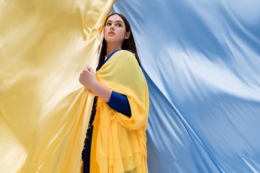 patriotic ukrainian woman with blue eyes posing near blue and yellow flag
