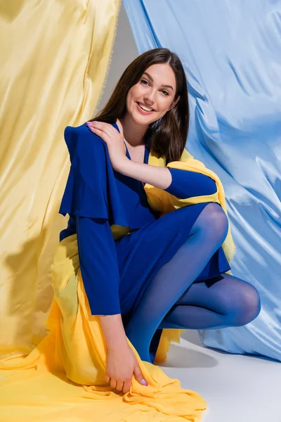 Smiling Ukrainian Woman Stylish Color Block Clothing Posing Blue Yellow —  Fotos de Stock
