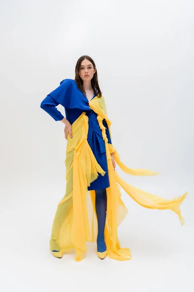 Full Length Stylish Ukrainian Woman Blue Yellow Outfit Posing Hand — Stock Photo, Image